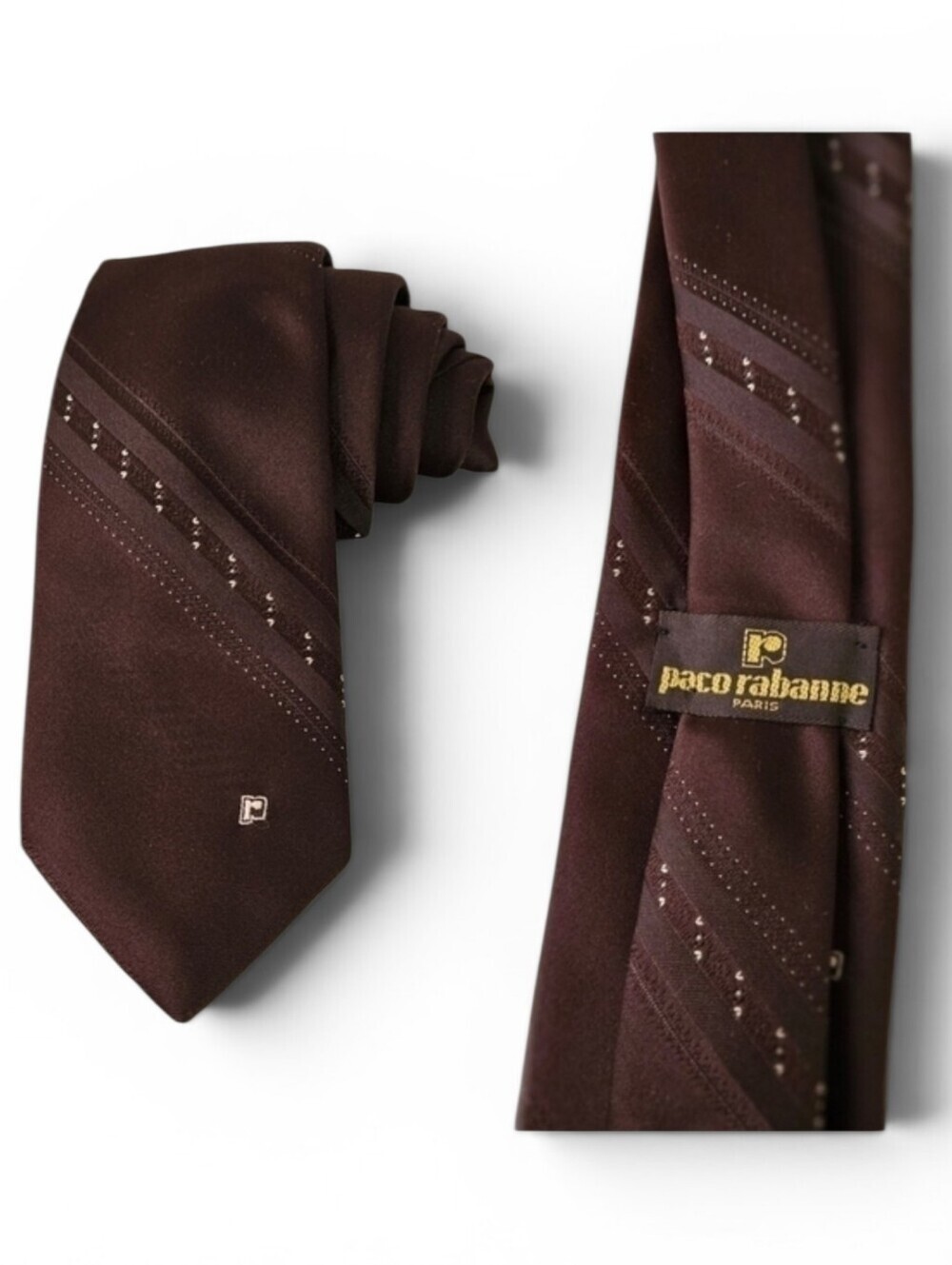 Paco Rabanne Paris Embroidered Vintage Monogram Necktie in Umber Brown and Tan